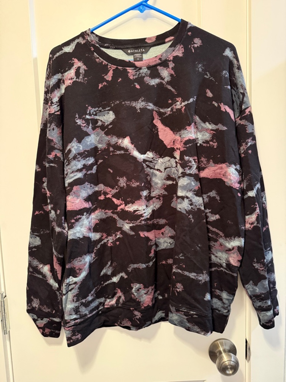 Athleta Women's Black Pullover Sweatshirt with Pink and Blue Size M